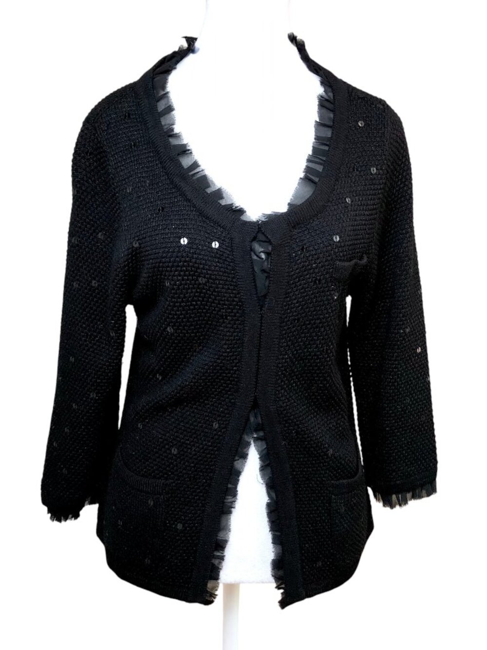 Colleen Lopez Cardigan Sweater Black Sequin Tulle Detail (S)